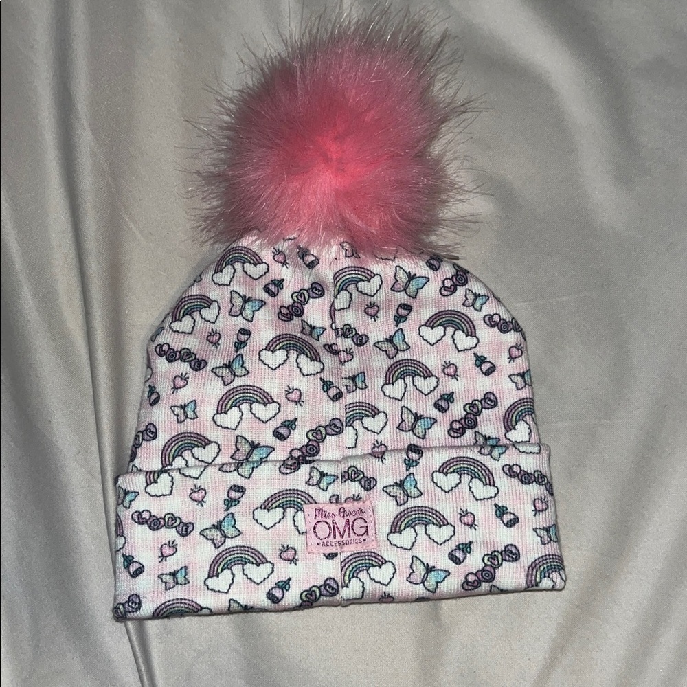 Miss Gwen’s OMG beanie hat for little girls with pink Pom Pom & butterfly patch